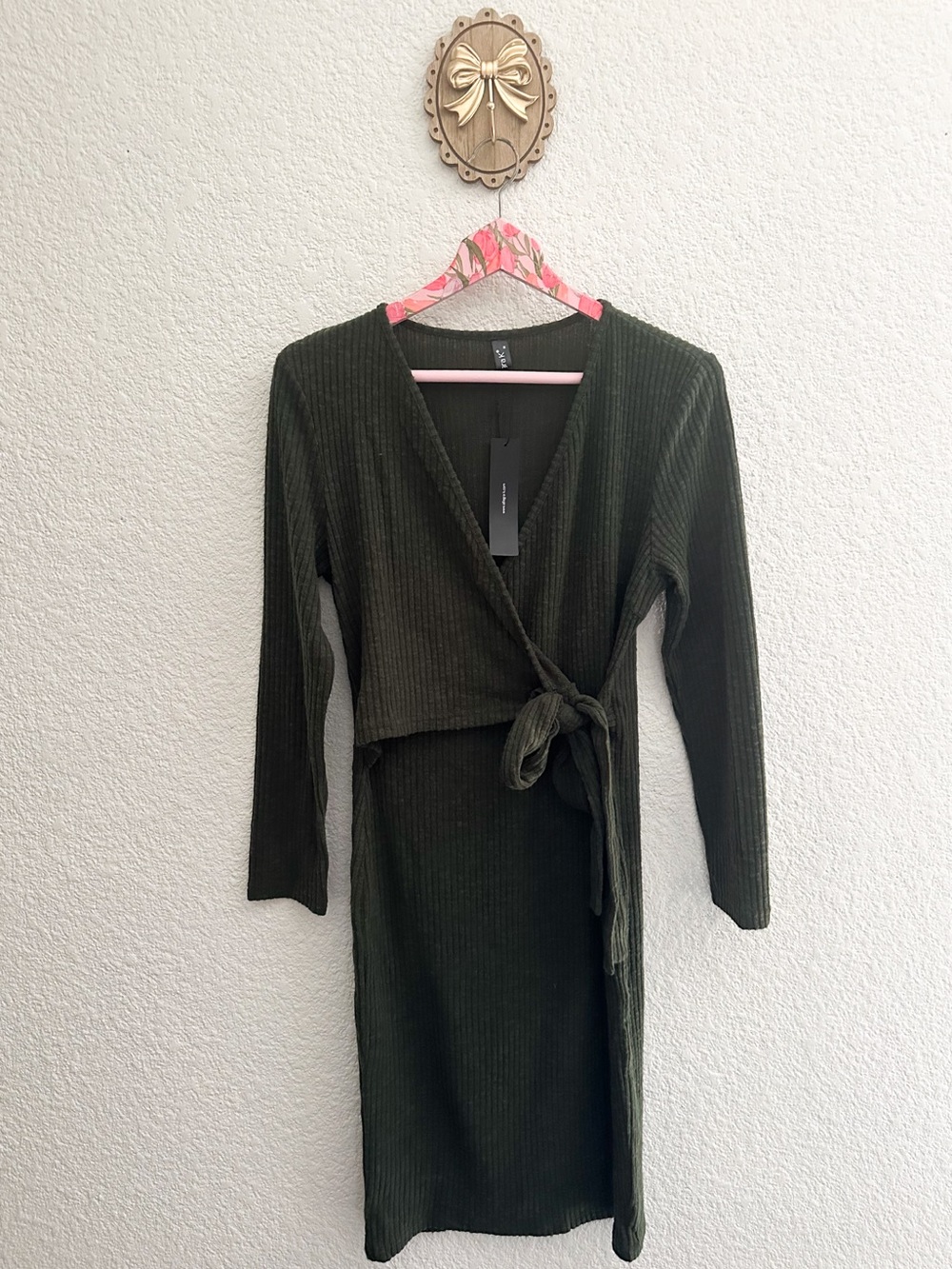 Allegra K Olive Ribbed V-Neck Wrap Top